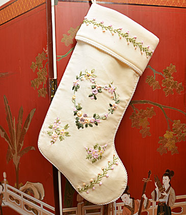 Christmas Stockings. Velvet Cream with Raised Appliqued Roses